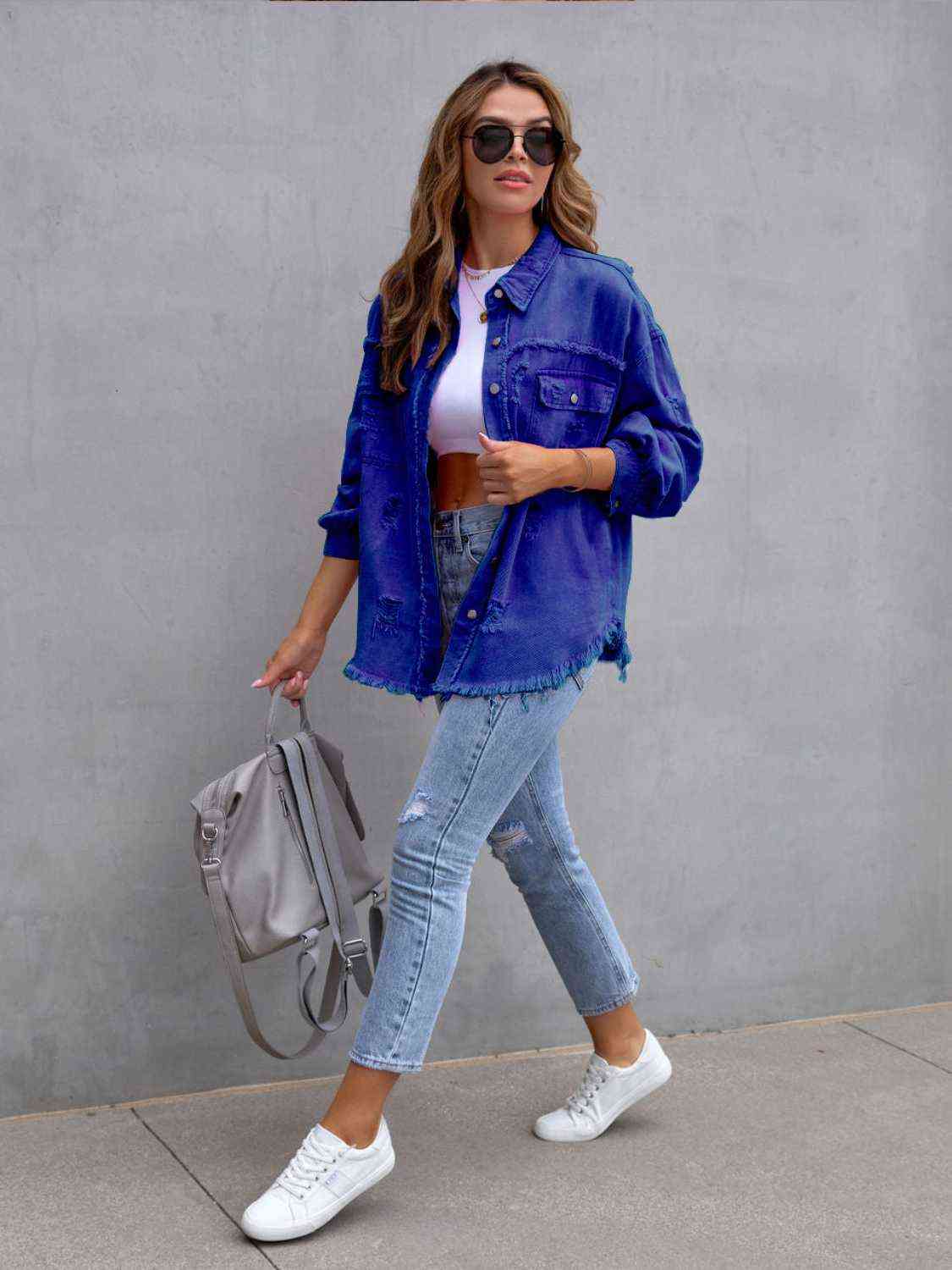 Distressed Drop Shoulder Denim Jacket - More Colors! - In Style Chics Boutique LLC