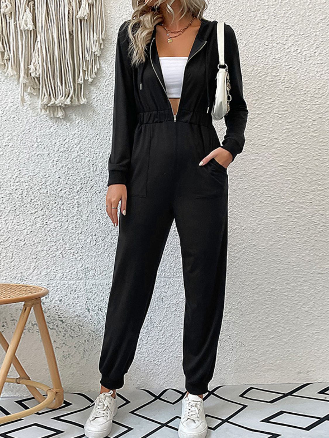 Zip Up Elastic Waist Hooded Jogger Jumpsuit - In Style Chics Boutique LLC