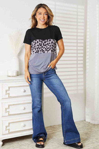 Double Take Leopard Print Color Block Short Sleeve T-Shirt - In Style Chics Boutique LLC