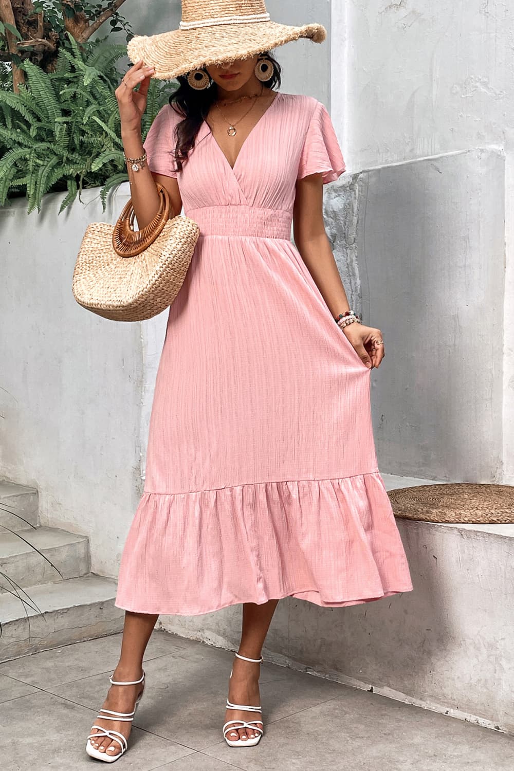 Surplice Neck Smocked Waist Flutter Sleeve Dress - In Style Chics Boutique LLC