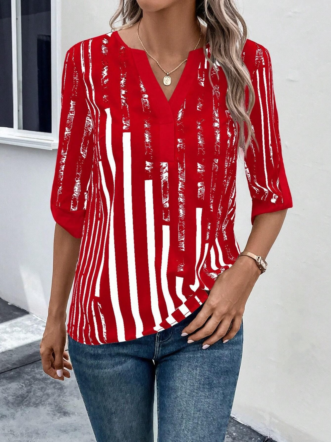 Striped Notched Half Sleeve Blouse More Color Options - In Style Chics Boutique LLC