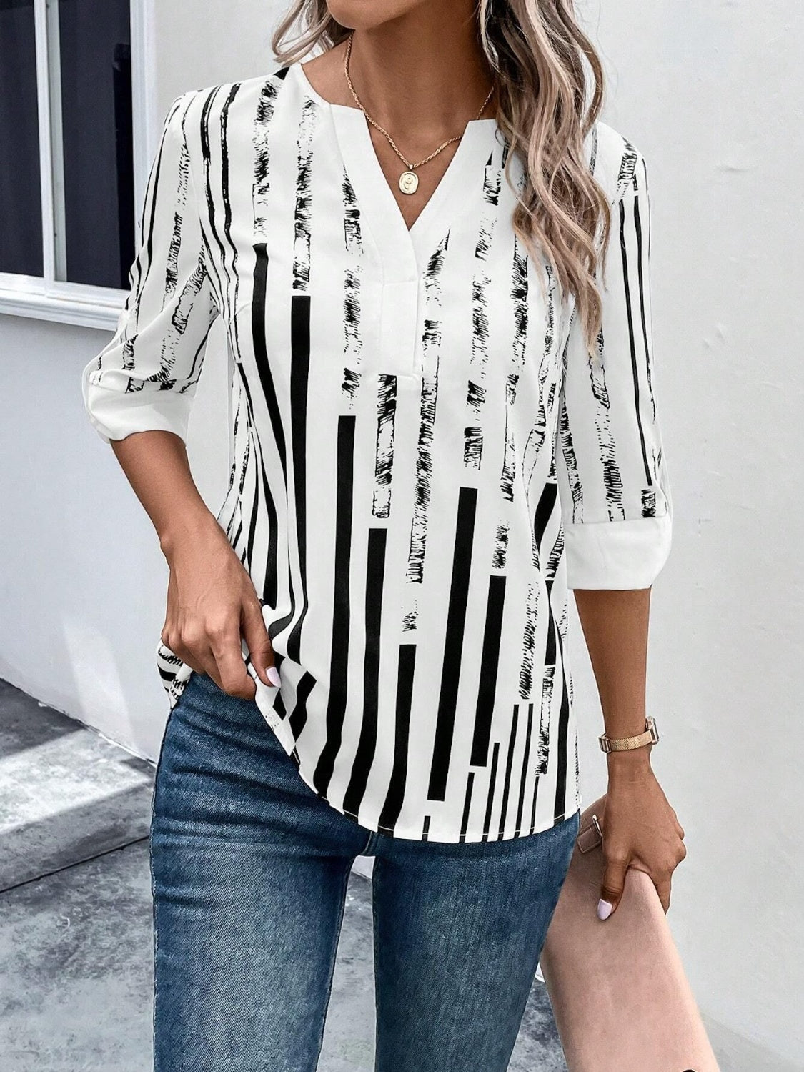 Striped Notched Half Sleeve Blouse More Color Options - In Style Chics Boutique LLC