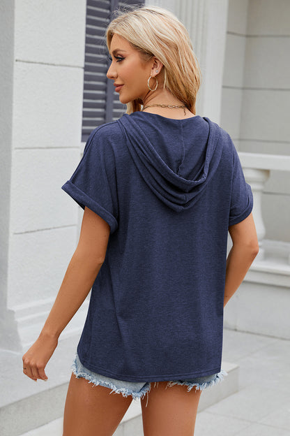 Half Button Drawstring Short Sleeve Hooded T-Shirt - More Colors! - In Style Chics Boutique LLC