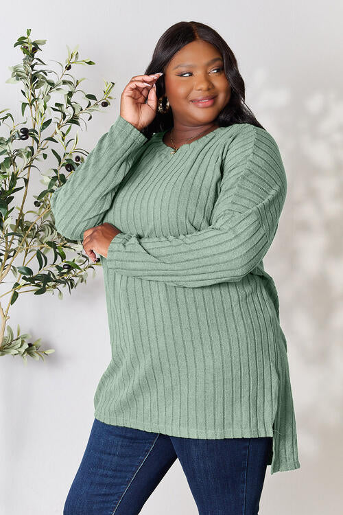 Basic Bae Full Size Ribbed Round Neck Long Sleeve Slit Top - More Colors! - In Style Chics Boutique LLC