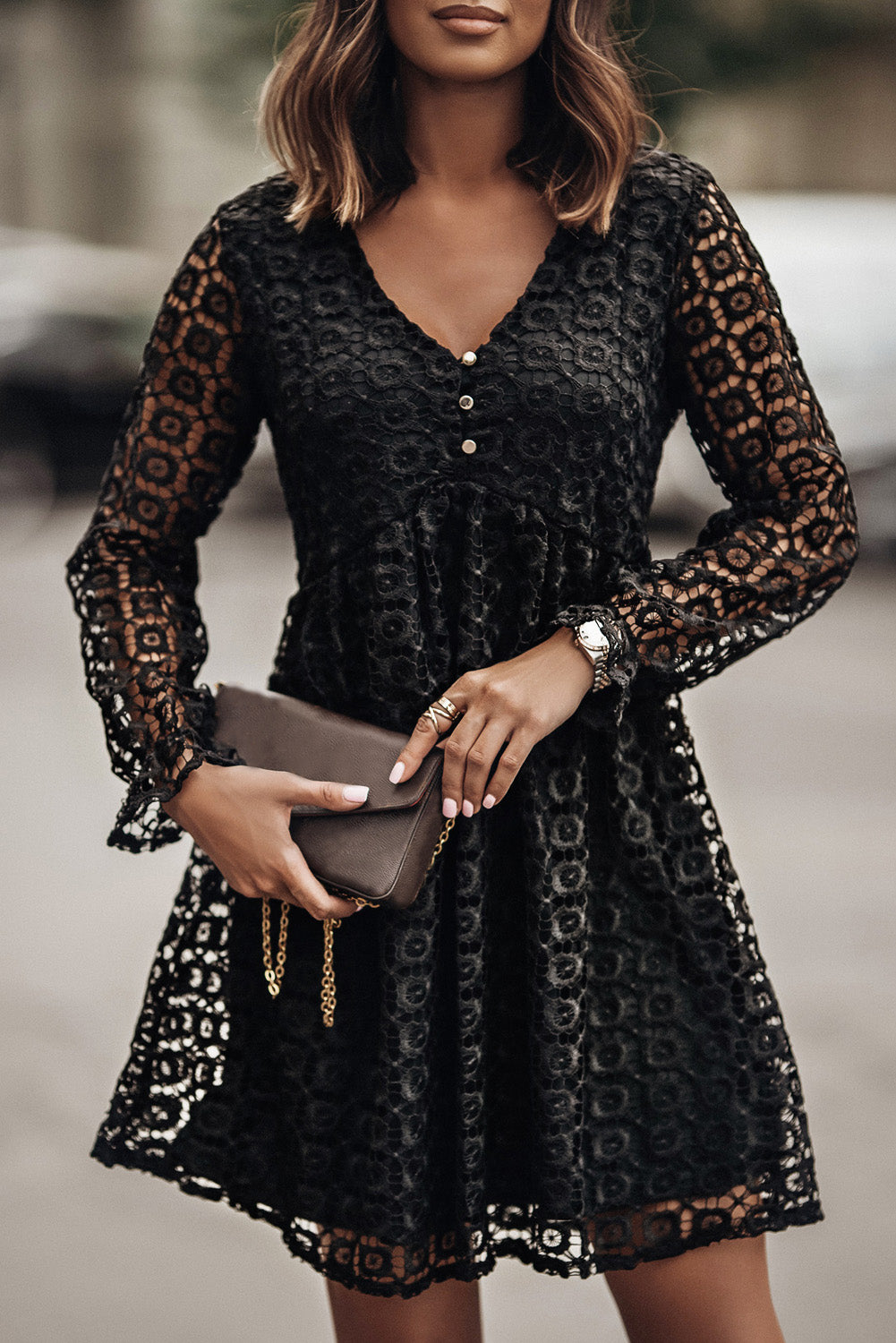 Buttoned Empire Waist Black Lace Dress - In Style Chics Boutique LLC