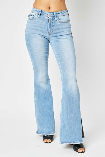 Judy Blue Full Size Mid Rise Raw Hem Slit Flare Jeans - In Style Chics Boutique LLC