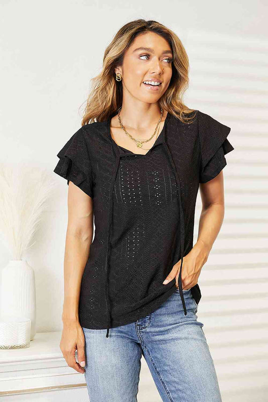 Double Take Eyelet Tie-Neck Flutter Sleeve Blouse - In Style Chics Boutique LLC