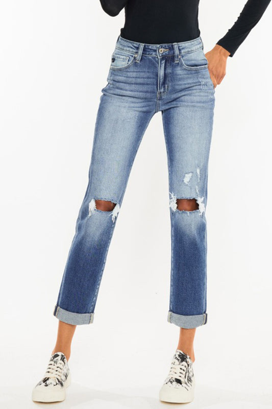 Kancan High Waist Distressed Hem Detail Cropped Straight Jeans - In Style Chics Boutique LLC