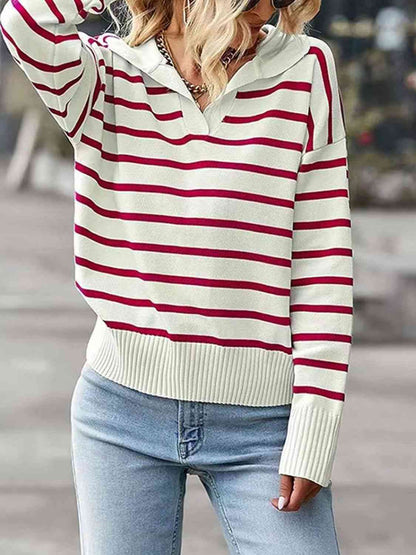 Striped Collared Neck Knit Top - In Style Chics Boutique LLC