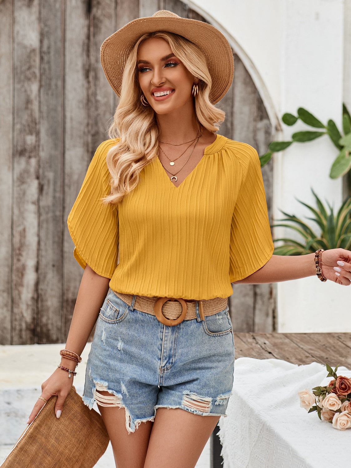 Notched Slit Half Sleeve Blouse More Colors! - In Style Chics Boutique LLC