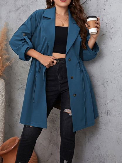 Plus Size Lapel Collar Drawstring Roll-Tab Sleeve Trench Coat - Mocha or Dusty Blue - In Style Chics Boutique LLC