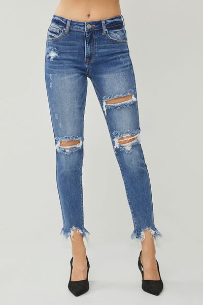 RISEN Distressed Frayed Hem Slim Jeans - In Style Chics Boutique LLC