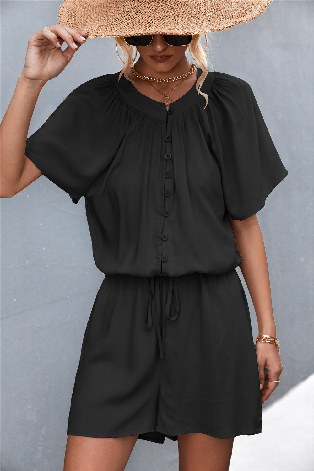 Buttoned Gather Detail Romper Also in Black! - In Style Chics Boutique LLC