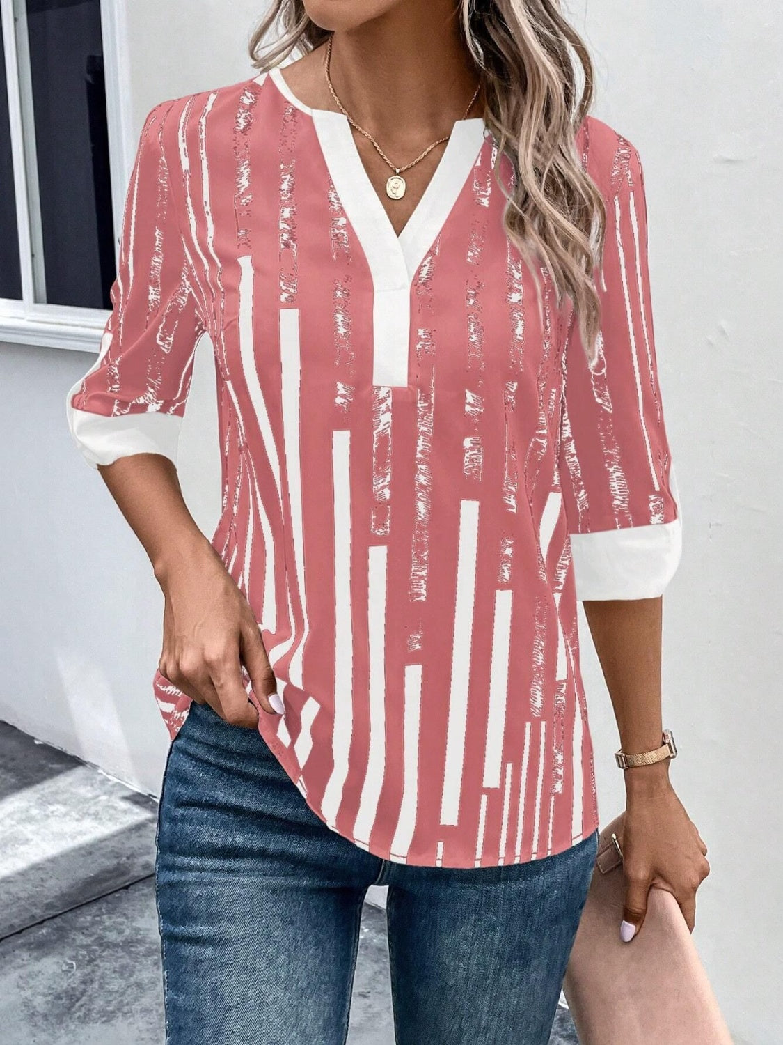 Striped Notched Half Sleeve Blouse More Color Options - In Style Chics Boutique LLC