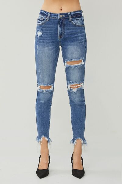 RISEN Distressed Frayed Hem Slim Jeans - In Style Chics Boutique LLC