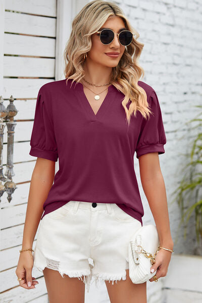 Notched Ruched Short Sleeve T-Shirt - In Style Chics Boutique LLC