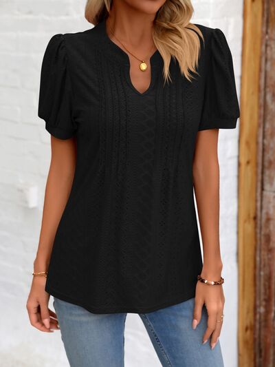 Eyelet Notched Puff Sleeve T-Shirt More Colors! - In Style Chics Boutique LLC