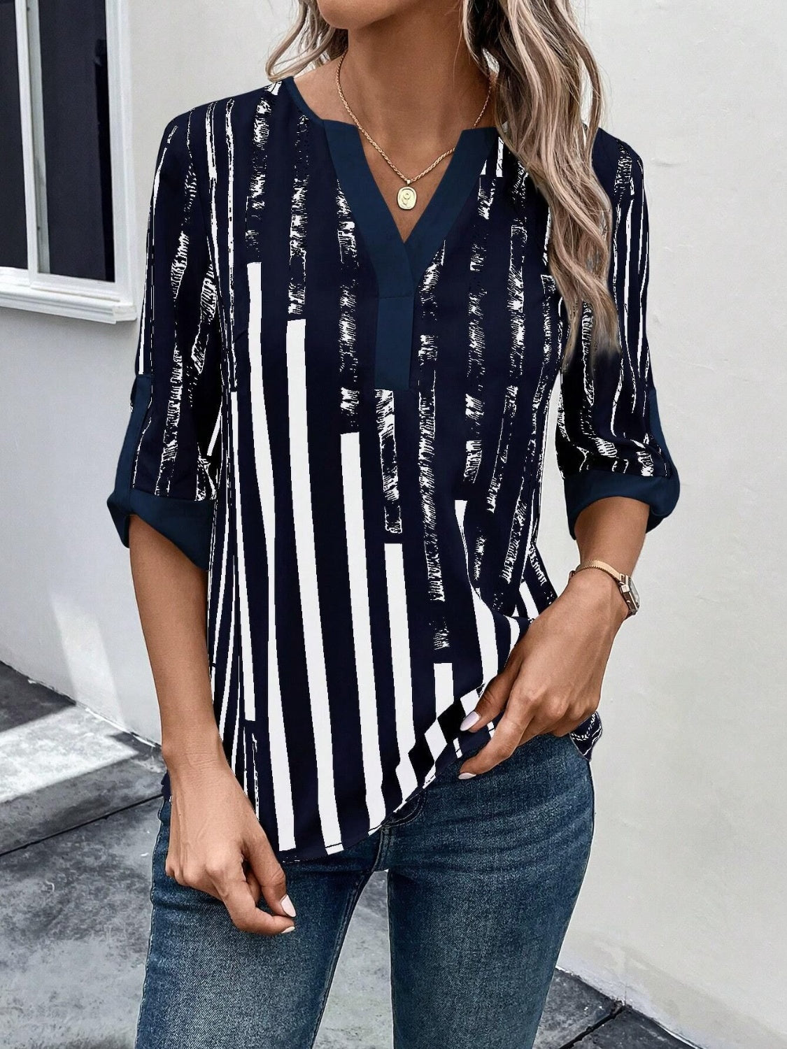 Striped Notched Half Sleeve Blouse More Color Options - In Style Chics Boutique LLC