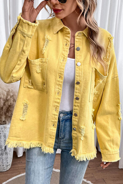 Distressed Button Up Raw Hem Denim Jacket - More Colors! - In Style Chics Boutique LLC