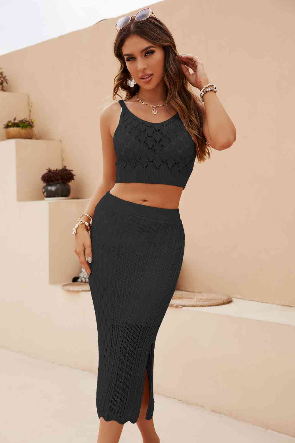 Openwork Cropped Tank and Split Skirt Set - More Colors! - In Style Chics Boutique LLC