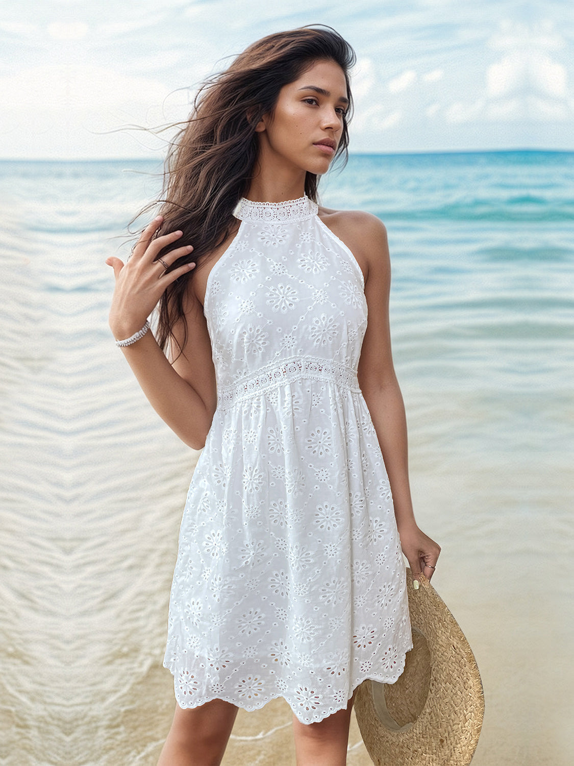 Eyelet Grecian Neck Mini Dress - In Style Chics Boutique LLC