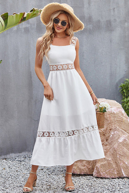 Flower Crochet Wide Strap Midi Dress - White or Black - In Style Chics Boutique LLC