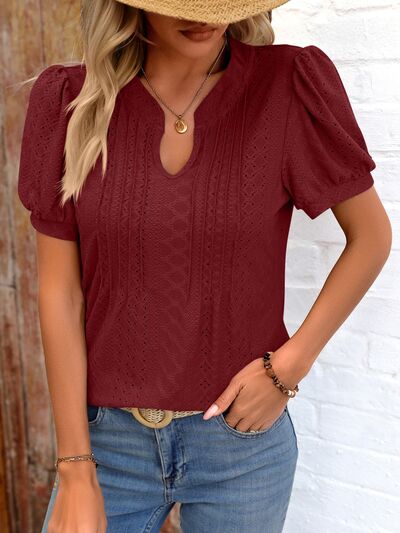 Eyelet Notched Puff Sleeve T-Shirt More Colors! - In Style Chics Boutique LLC