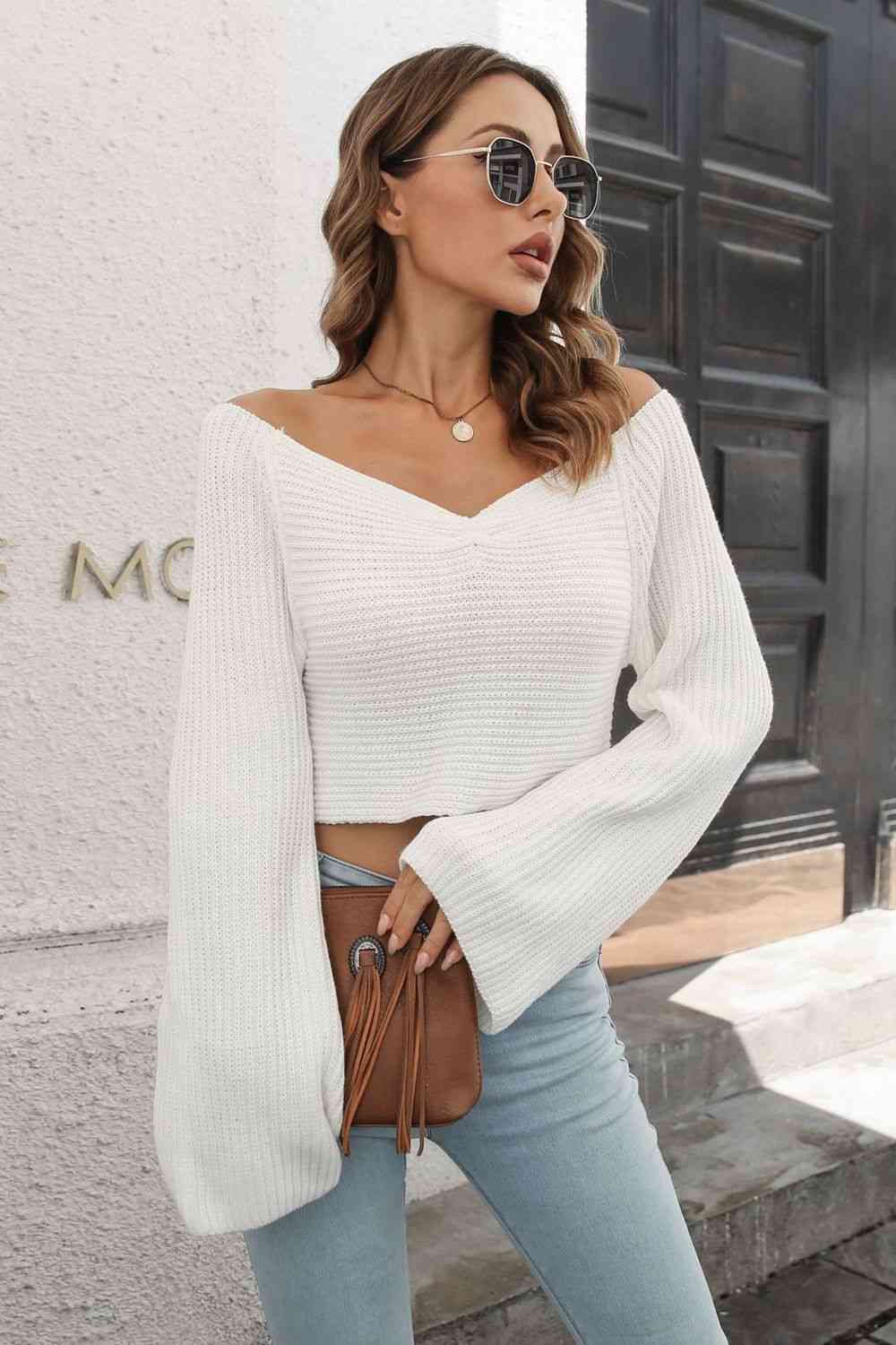 Cropped V-Neck Flare Sleeve Knit Top - More Colors! - In Style Chics Boutique LLC