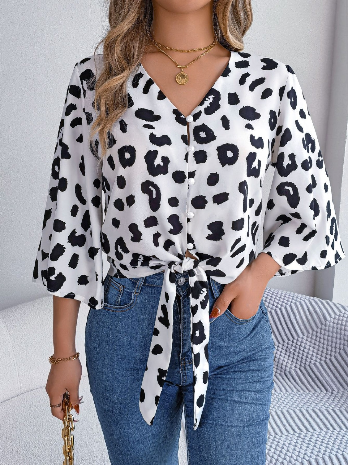 Tied Button Up Leopard V-Neck Blouse - More Colors! - In Style Chics Boutique LLC