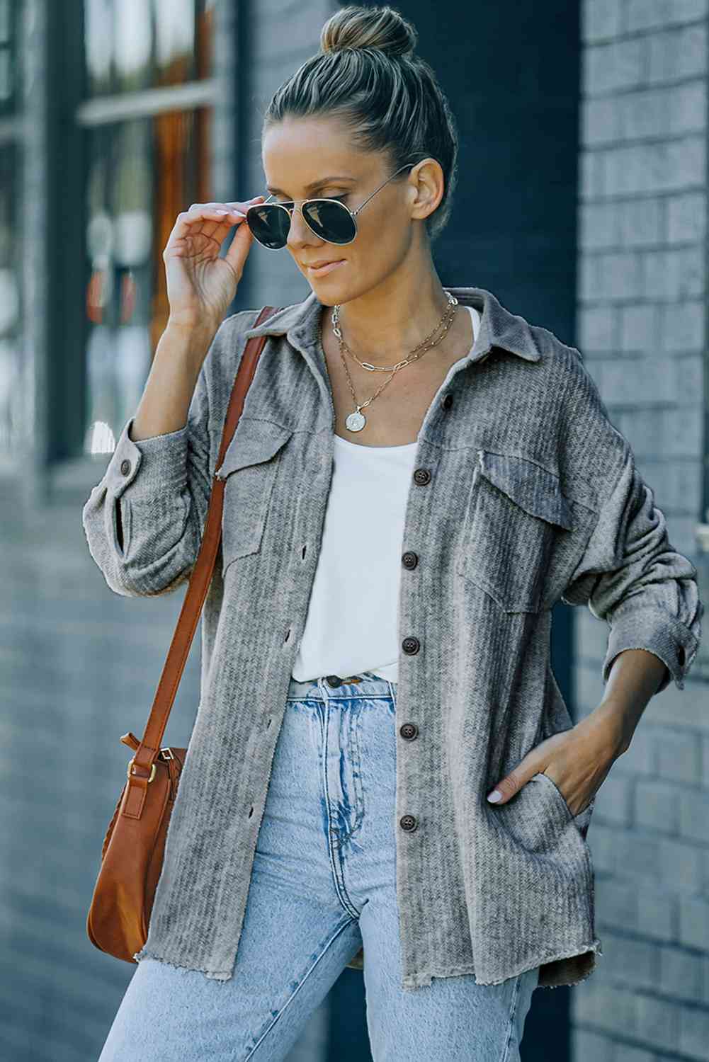 Textured Button Down Shirt Jacket with Pockets - In Style Chics Boutique LLC