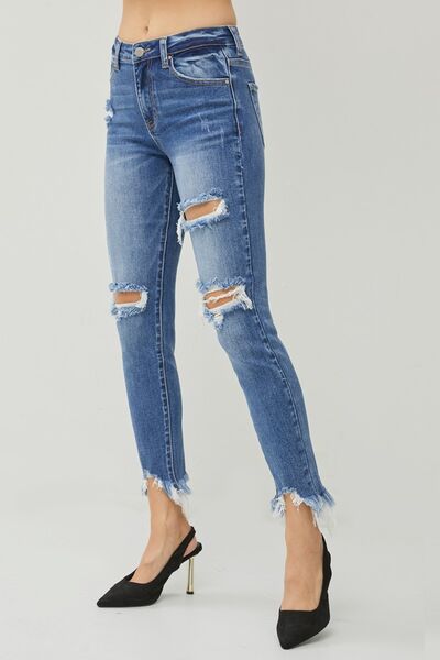 RISEN Distressed Frayed Hem Slim Jeans - In Style Chics Boutique LLC