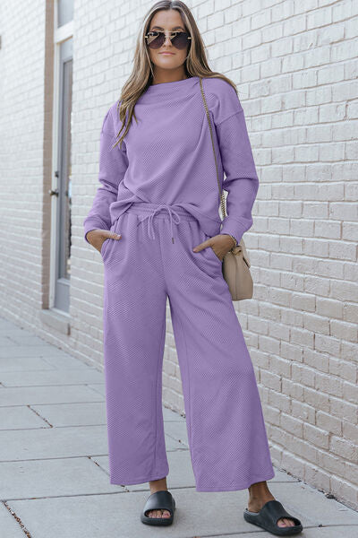 Double Take Full Size Textured Long Sleeve Top and Drawstring Pants Set - More Colors! - In Style Chics Boutique LLC