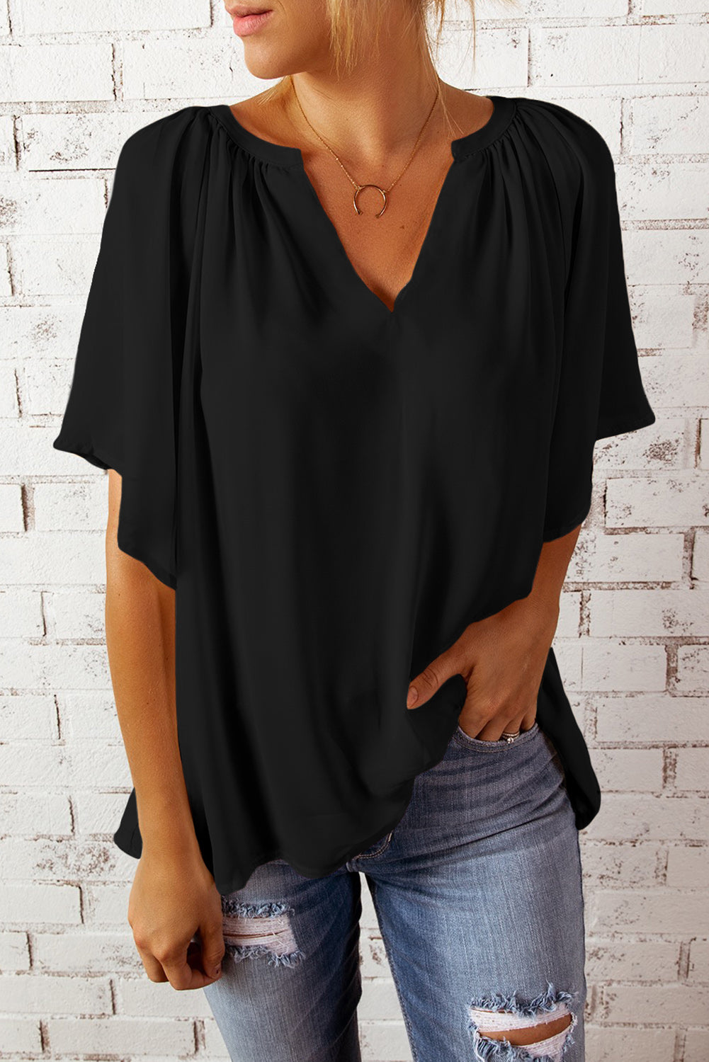 Gathered Detail Notched Neck Flutter Sleeve Top - More Colors! - In Style Chics Boutique LLC