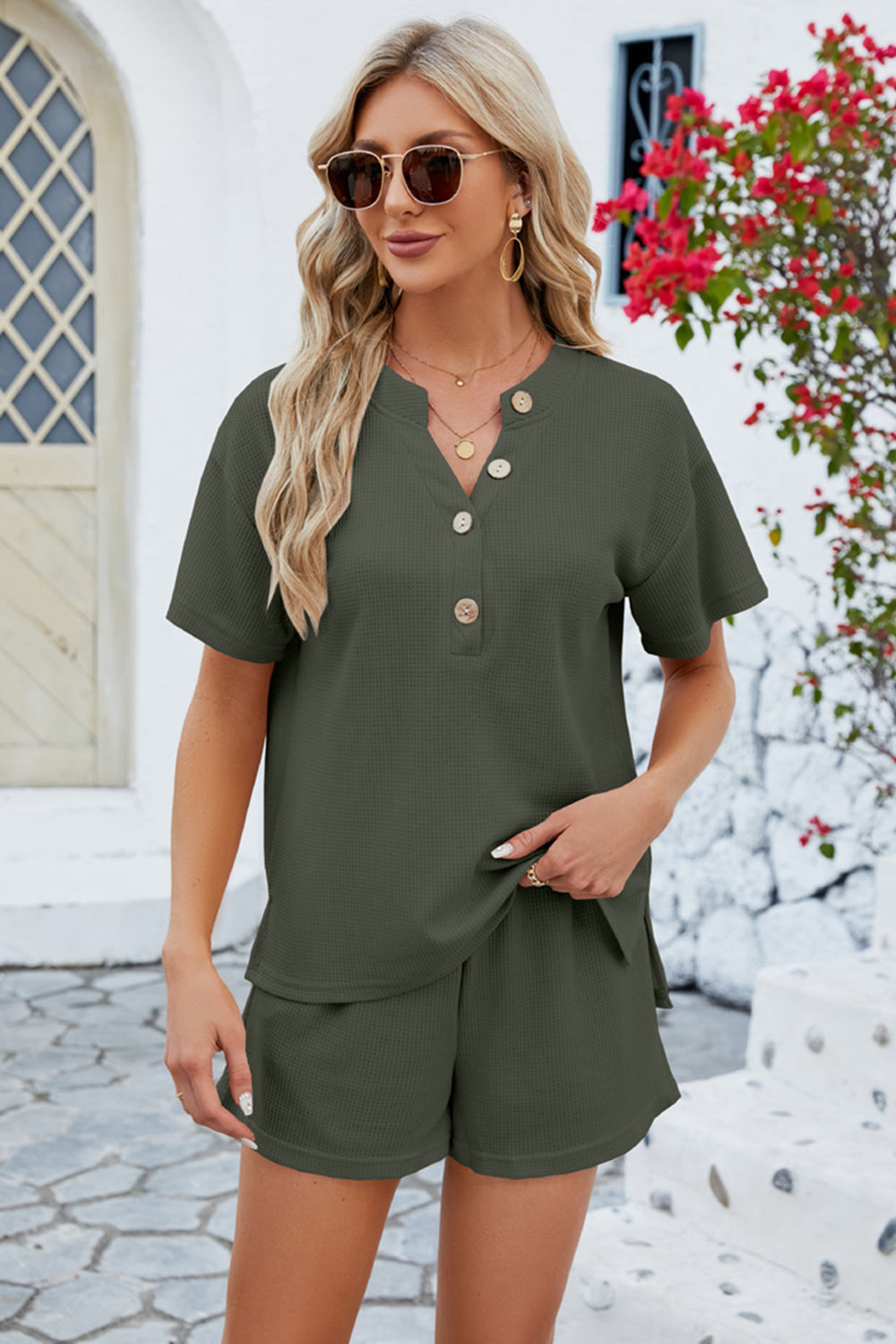 Notched Button Detail Dropped Shoulder Top and Shorts Set - More Colors! - In Style Chics Boutique LLC