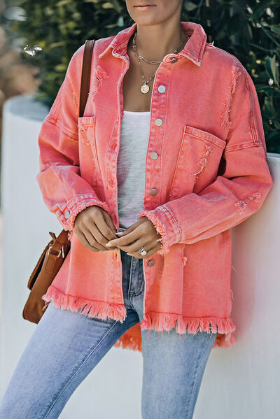 Distressed Button Up Raw Hem Denim Jacket - More Colors! - In Style Chics Boutique LLC