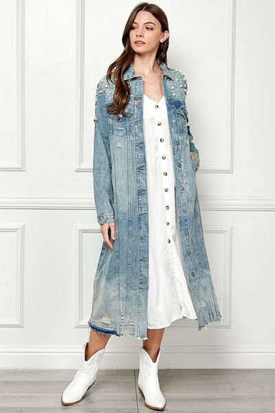 Veveret Full Size Distressed Raw Hem Pearl Detail Button Up Jacket - In Style Chics Boutique LLC