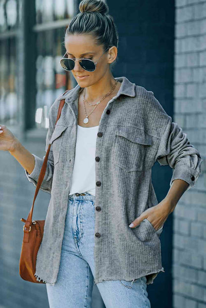 Textured Button Down Shirt Jacket with Pockets - In Style Chics Boutique LLC