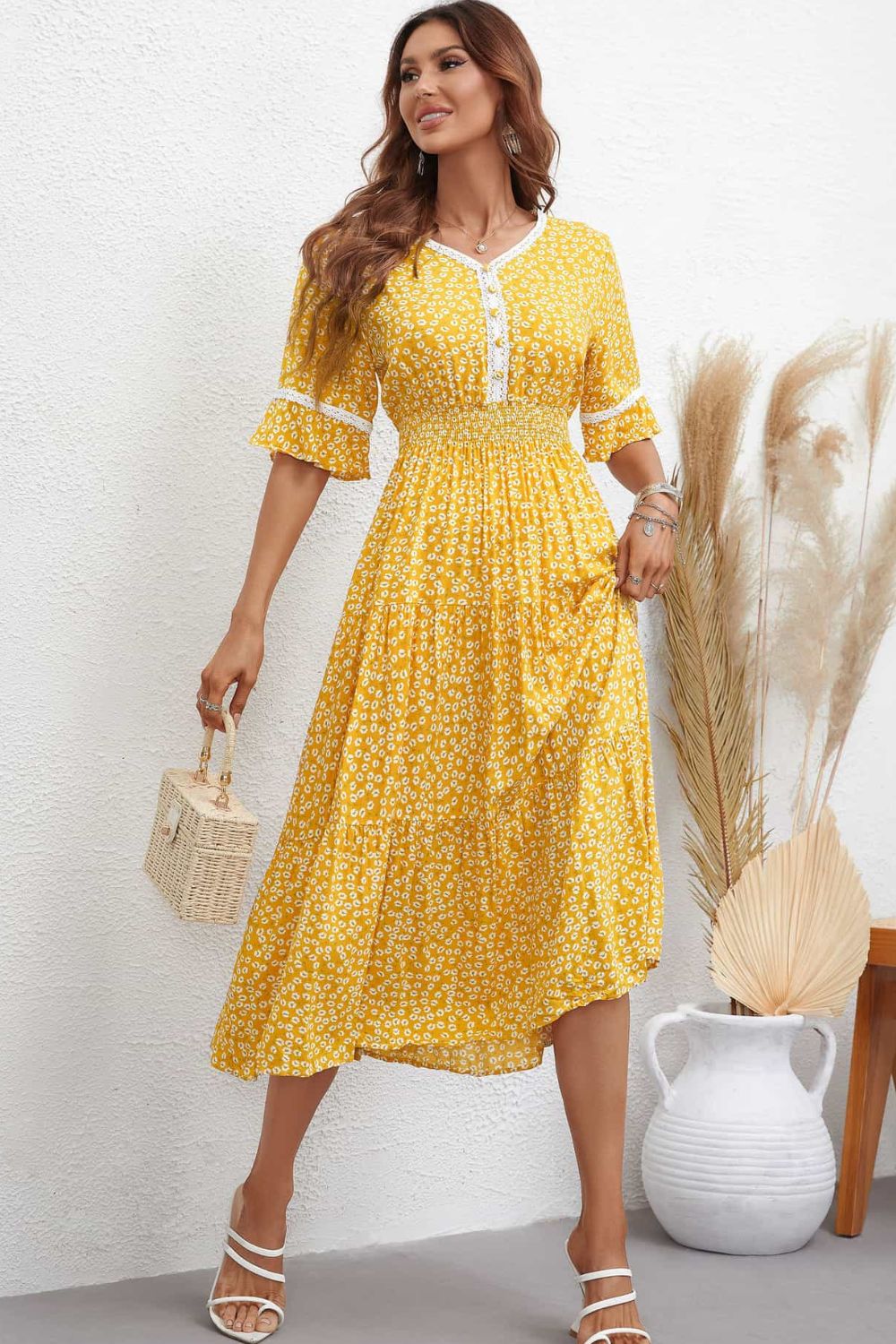 Floral V-Neck Smocked Waist Midi Dress Mustard or Deep Rose - In Style Chics Boutique LLC