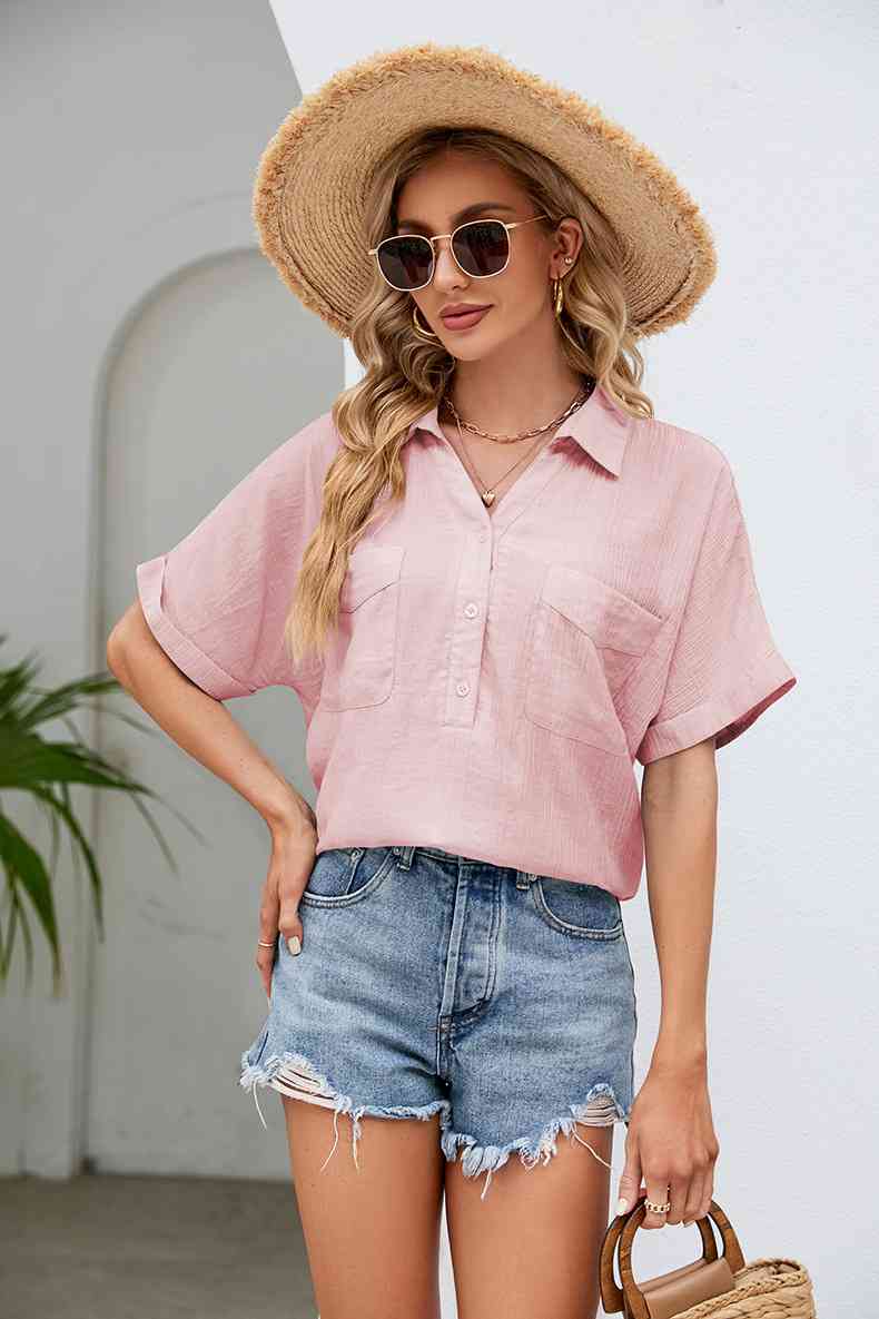 Half Button Johnny Collar Blouse Pink or Black - In Style Chics Boutique LLC