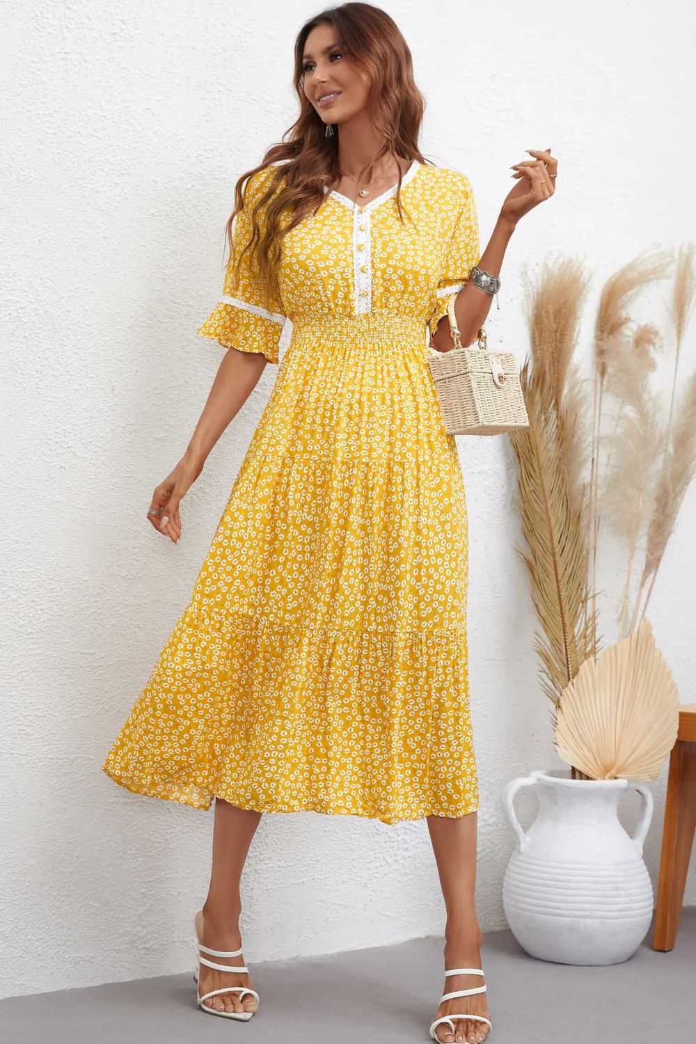 Floral V-Neck Smocked Waist Midi Dress Mustard or Deep Rose - In Style Chics Boutique LLC