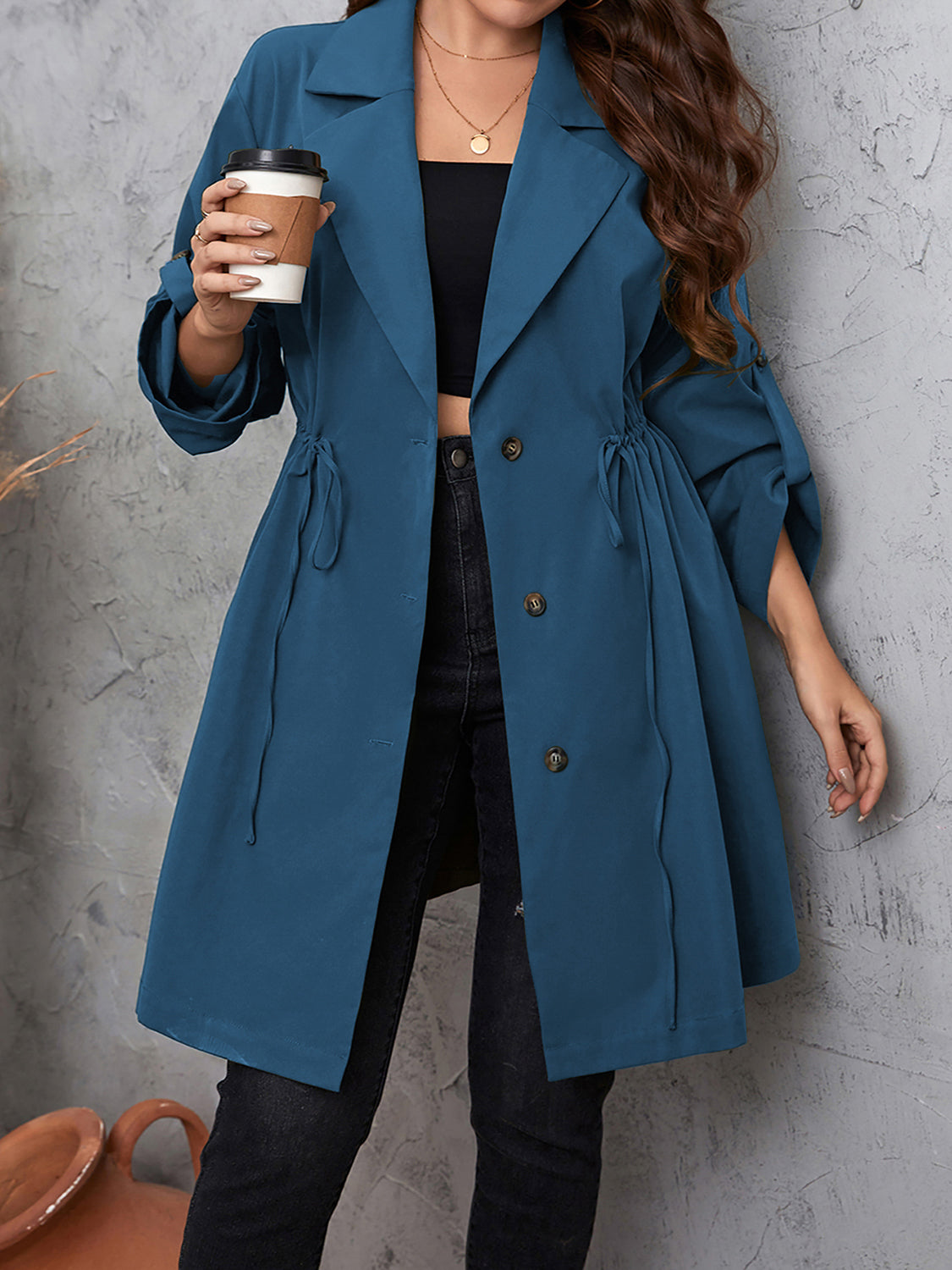 Plus Size Lapel Collar Drawstring Roll-Tab Sleeve Trench Coat - Mocha or Dusty Blue - In Style Chics Boutique LLC