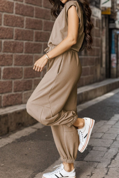 Drawstring Round Neck Cap Sleeve Jumpsuit - In Style Chics Boutique LLC