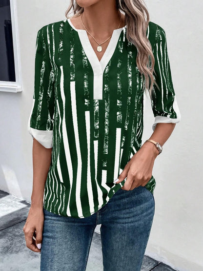 Striped Notched Half Sleeve Blouse More Color Options - In Style Chics Boutique LLC