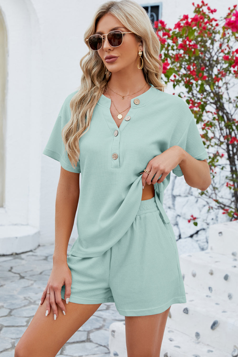 Notched Button Detail Dropped Shoulder Top and Shorts Set - More Colors! - In Style Chics Boutique LLC