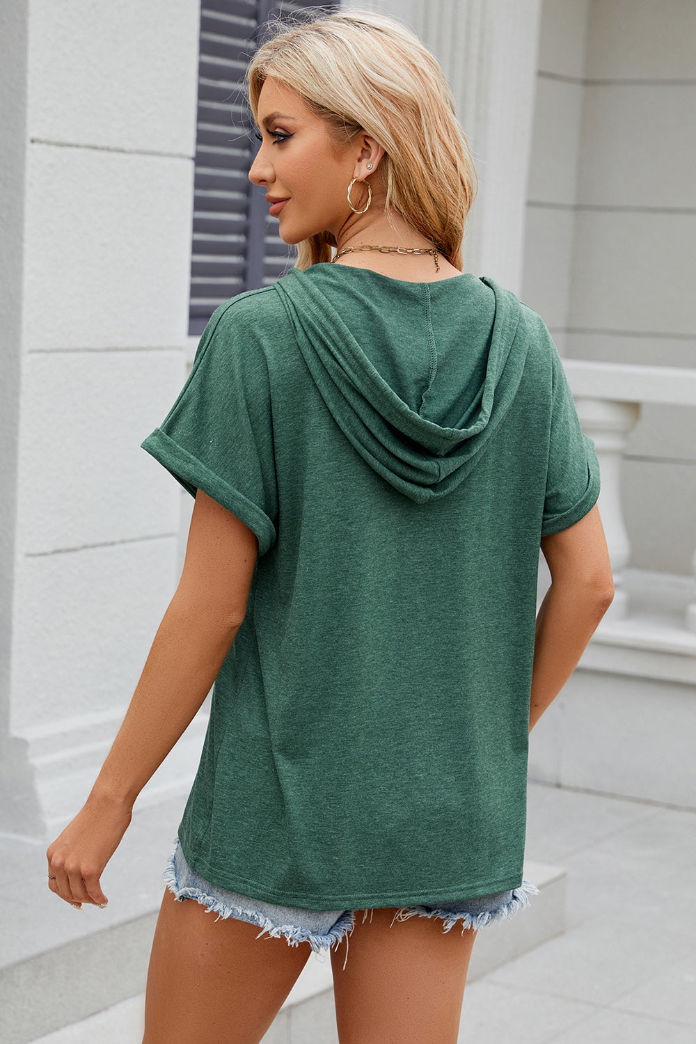 Half Button Drawstring Short Sleeve Hooded T-Shirt - More Colors! - In Style Chics Boutique LLC