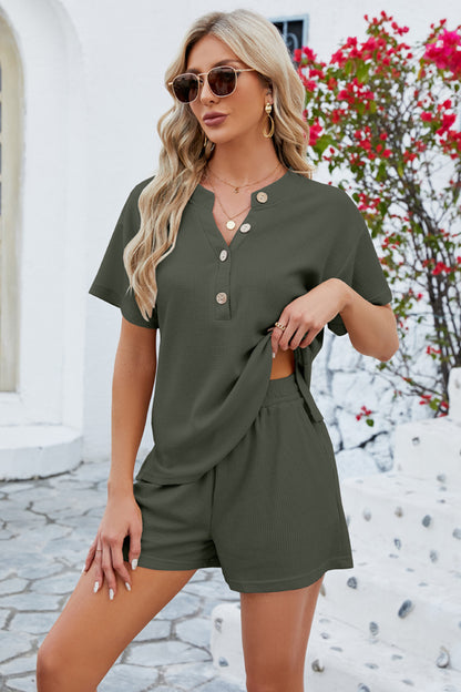 Notched Button Detail Dropped Shoulder Top and Shorts Set - More Colors! - In Style Chics Boutique LLC