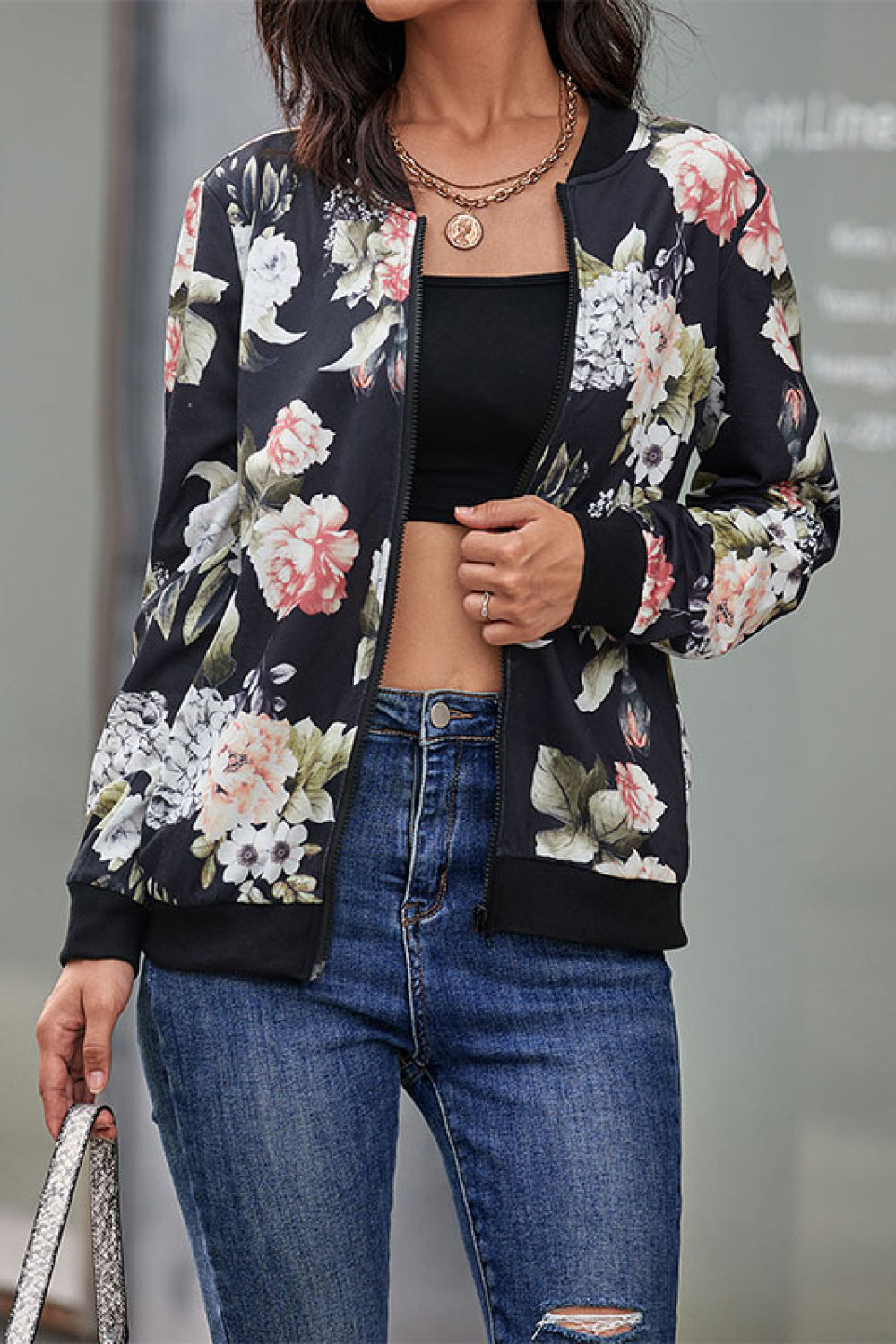 Floral Print Zip Up Bomber Jacket - In Style Chics Boutique LLC