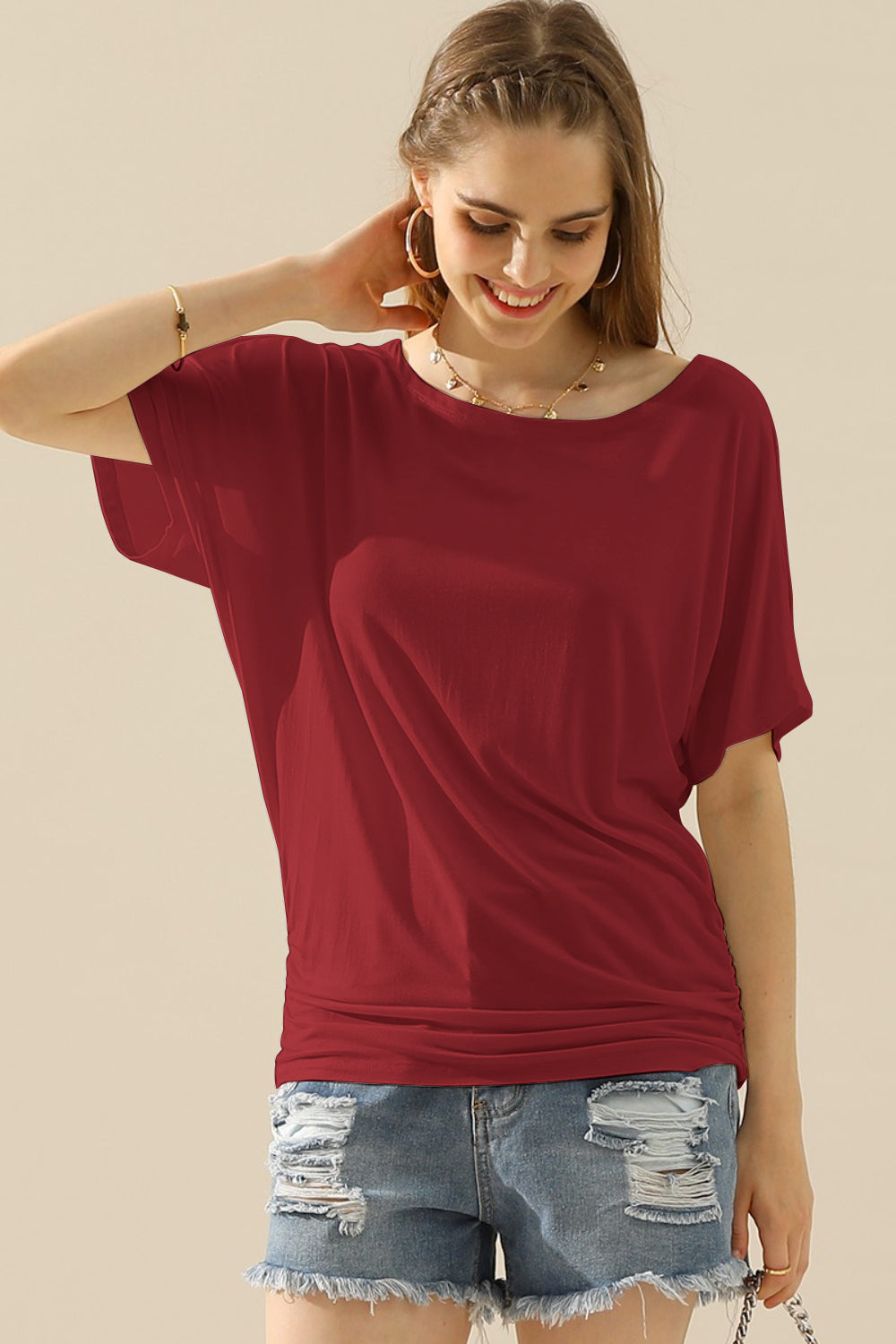 Ninexis Boat Neck Short Sleeve Ruched Side Top - More Colors! - In Style Chics Boutique LLC