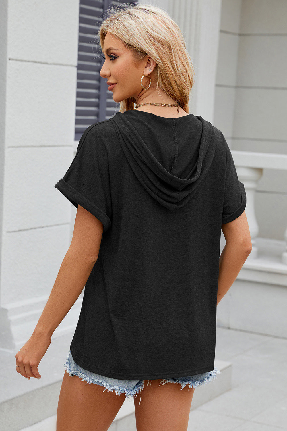 Half Button Drawstring Short Sleeve Hooded T-Shirt - More Colors! - In Style Chics Boutique LLC