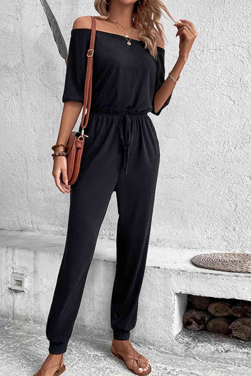 Off-Shoulder Jumpsuit with Pockets - In Style Chics Boutique LLC